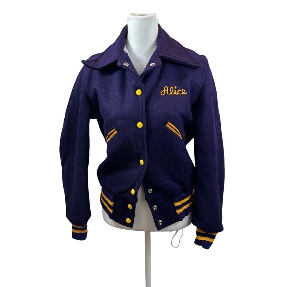 Ladies Vintage Howe Athletic‎ Purple and Yellow Wool Varsity Jacket Size Small